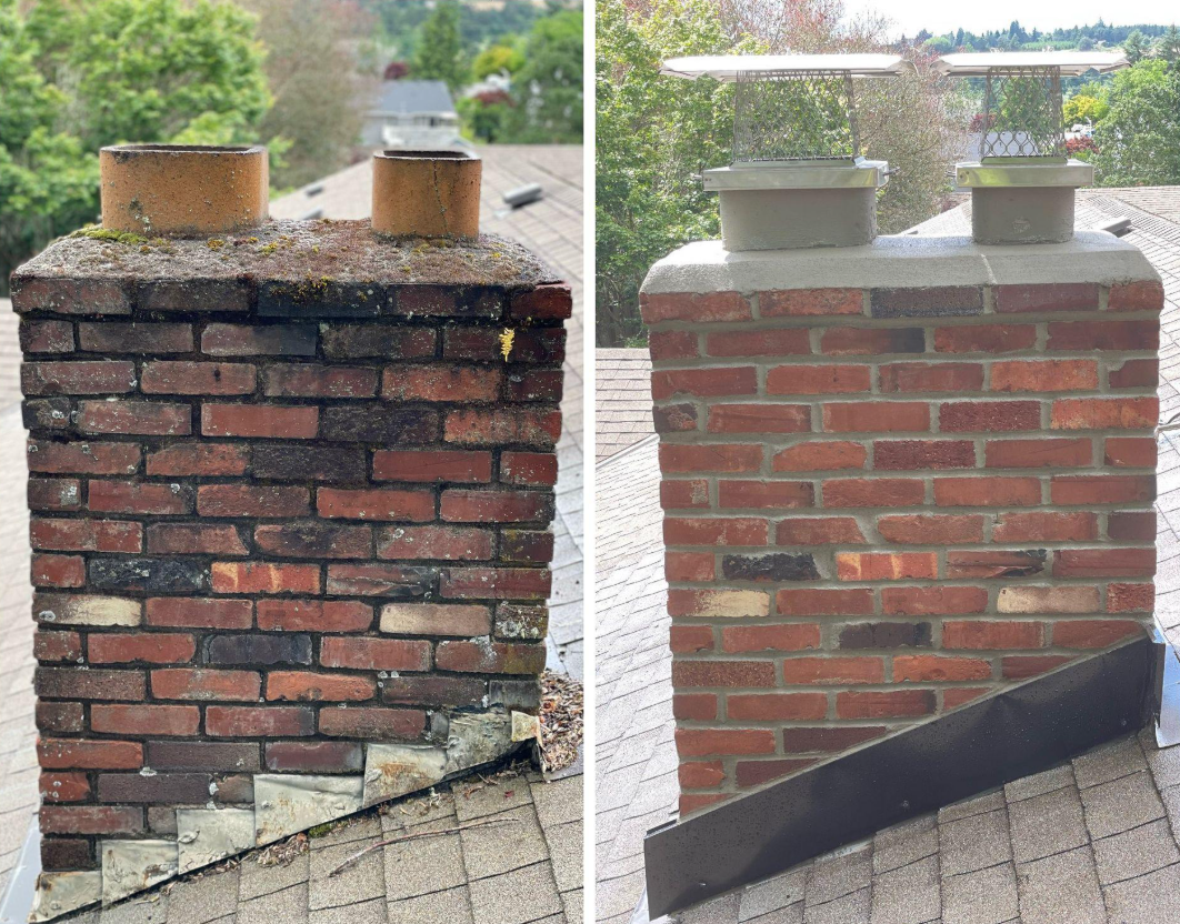 Chimney and roofing renovation before and after