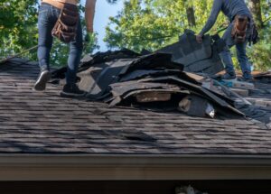 roof decking rot Roofing contractors removing asphalt shingles before inspecting roof decking